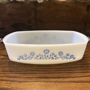 Federal Glass Loaf Pan-Blue Corn Flowers White VTG Dish Heat Prooff Made In USA